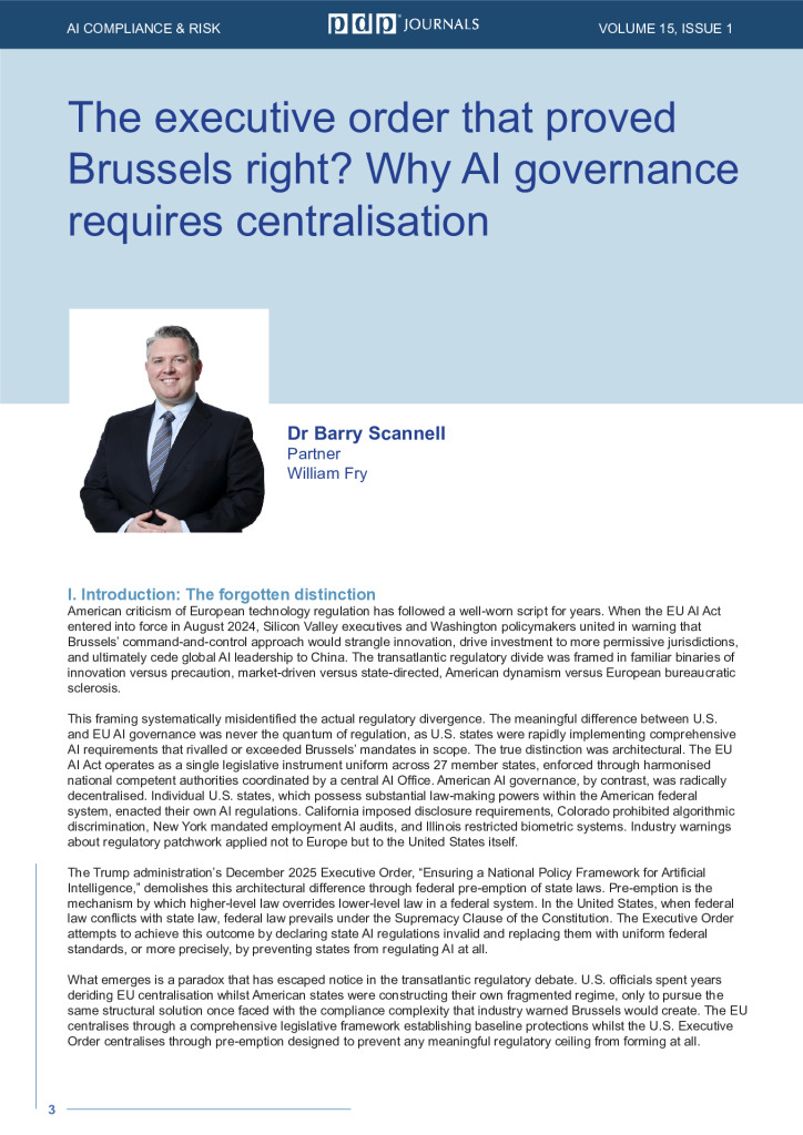 The executive order that proved Brussels right - Why AI governance requires centralisation - Barry Scannell, William Fry (AI Com